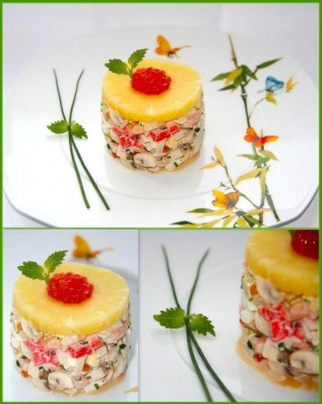 Салат с морепродуктами, грибами и ананасом